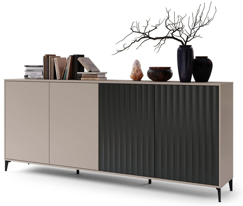 Komoda Rimini K-242 Béžová Taupe / Čierna matná - MODERNÁ SKRIŇA S DRÁŽKOVANÝMI ČELAMI