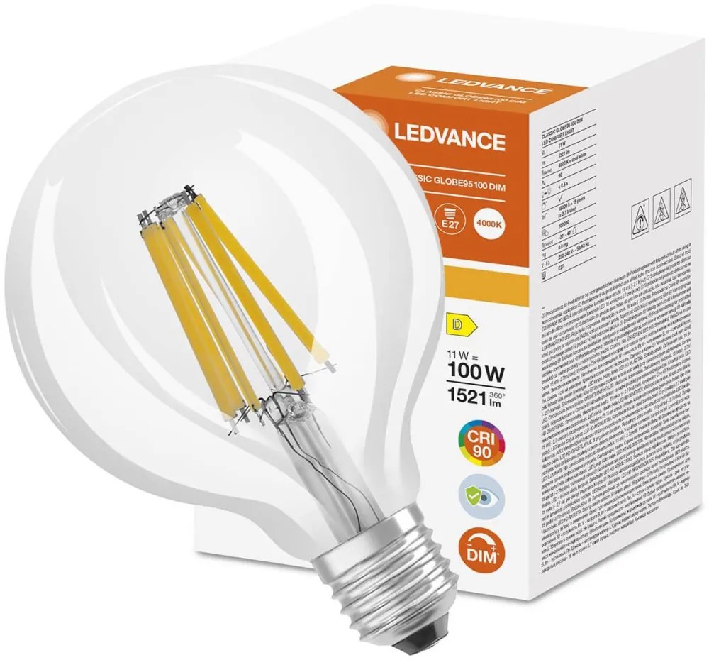 LED žiarovka E27 G95 11W = 100W 1521lm 4000K Neutrálne 300° CRI90 Stmievateľné LEDVANCE Superior