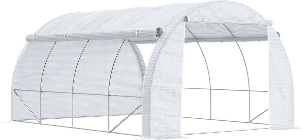 Outsunny Poly Túnel Skleník 4 x 3 x 2 m – Vstupný skleník s rolovacími krytmi, Poly Túnel Skleník s UV ochranou, Oceľový rám, Biela | Aosom