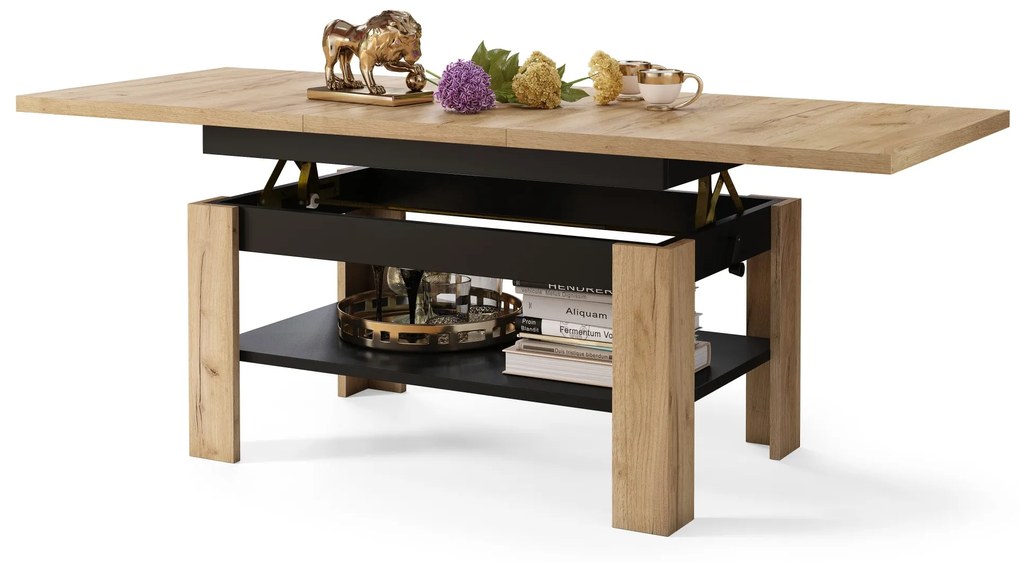 RIO Dub craft zlatý / Čierny matný - KONFERENČNÝ STOLÍK ROZKLADACÍ A ZDVÍHACÍ