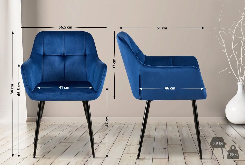 Jedálenská stolička Emia (SET 2 ks) - zamat, kovové nohy čierne - Modrá