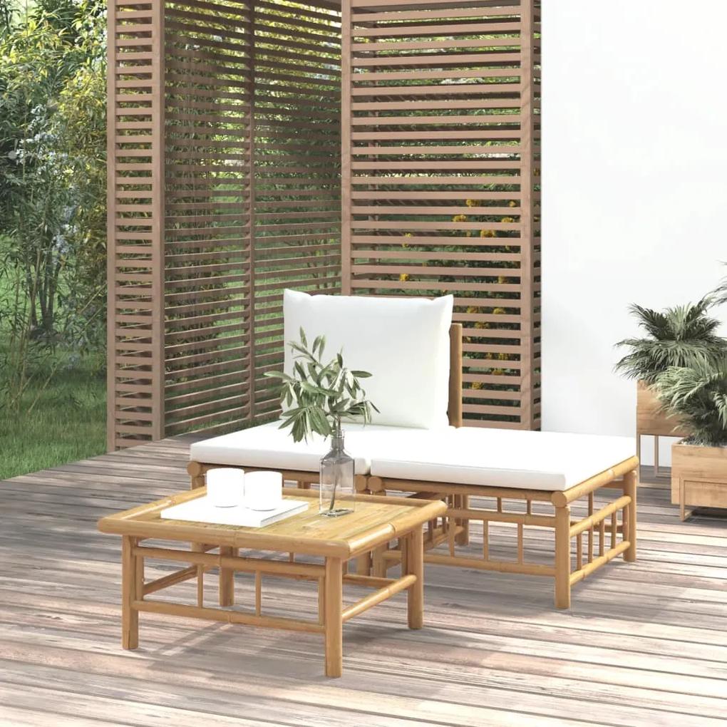 3-dielna záhradná sedacia súprava krémovobiele vankúše bambus 362297
