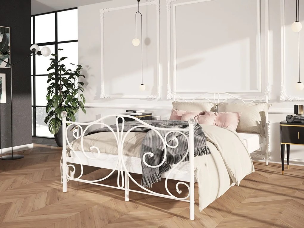 Kovová posteľ s kryštálmi Drekolsi, Rozmer postele: 90x200 cm, Farba: biela