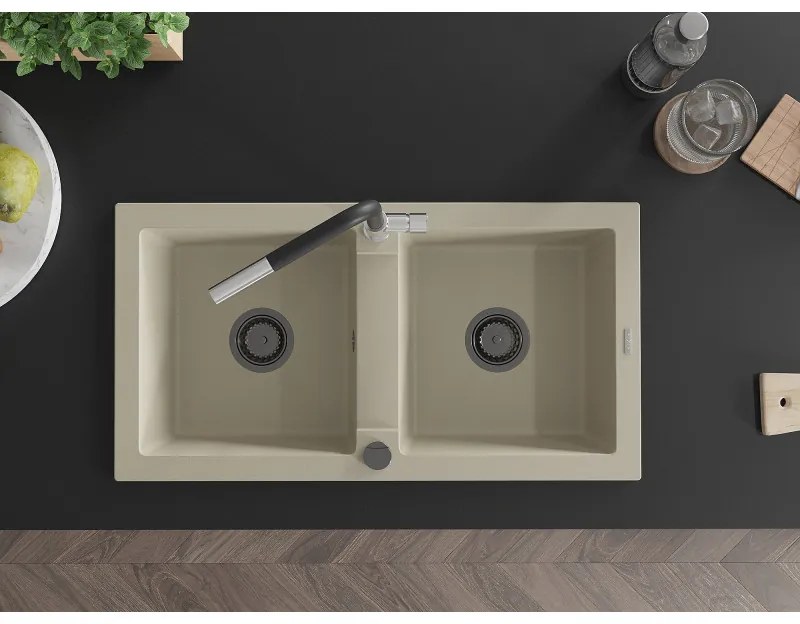 Mexen Mario, 2-komorový granitový drez 820x436x161 mm a drezová batéria Flora, béžová, 6504-69-670401-07-B