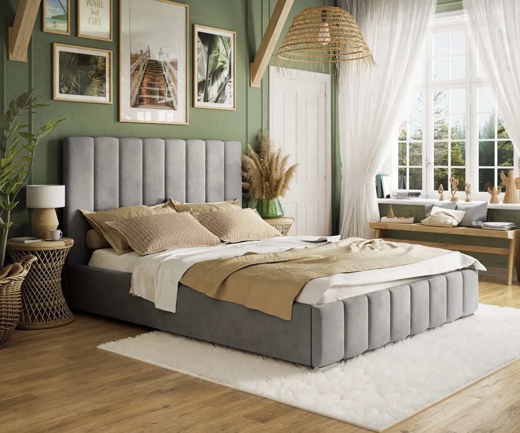 ANGIE 160X200 ČALÚNENÁ MANŽELSKÁ POSTEĽ SVETLOSIVÁ LÁTKA S ÚLOŽNÝM PRIESTOROM