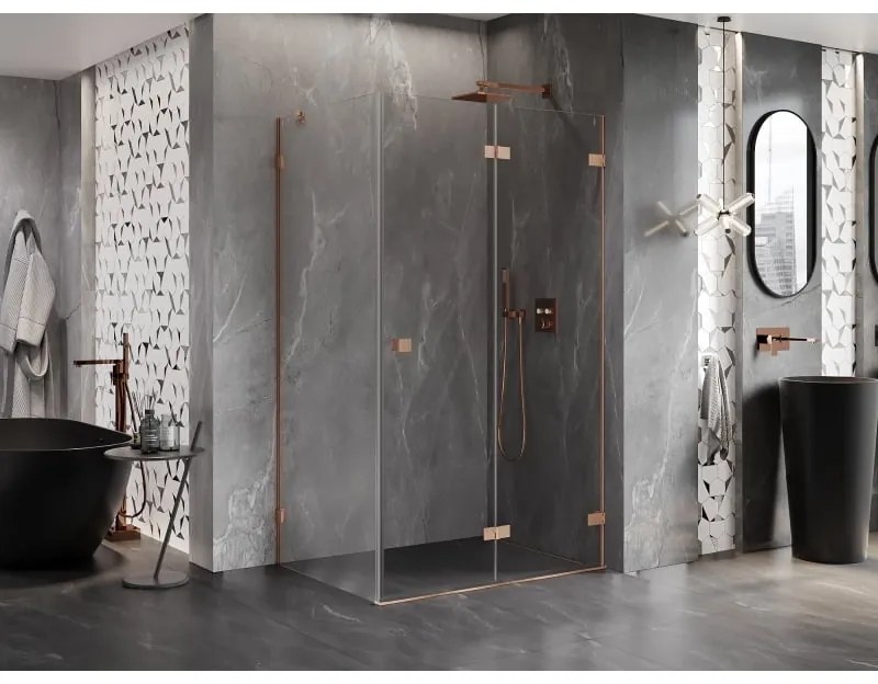 Mexen Lunar-F, 1-krídlový sprchový kút so skladacími dverami, pravý, 85 x 80 cm, 8mm číre sklo, medený profil, 836-085-080-65-00-P