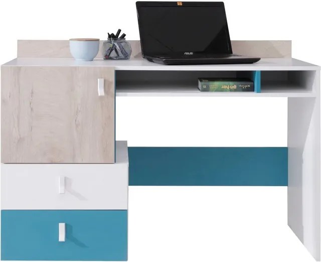 Písací stôl Planet, dub/biela/modrá