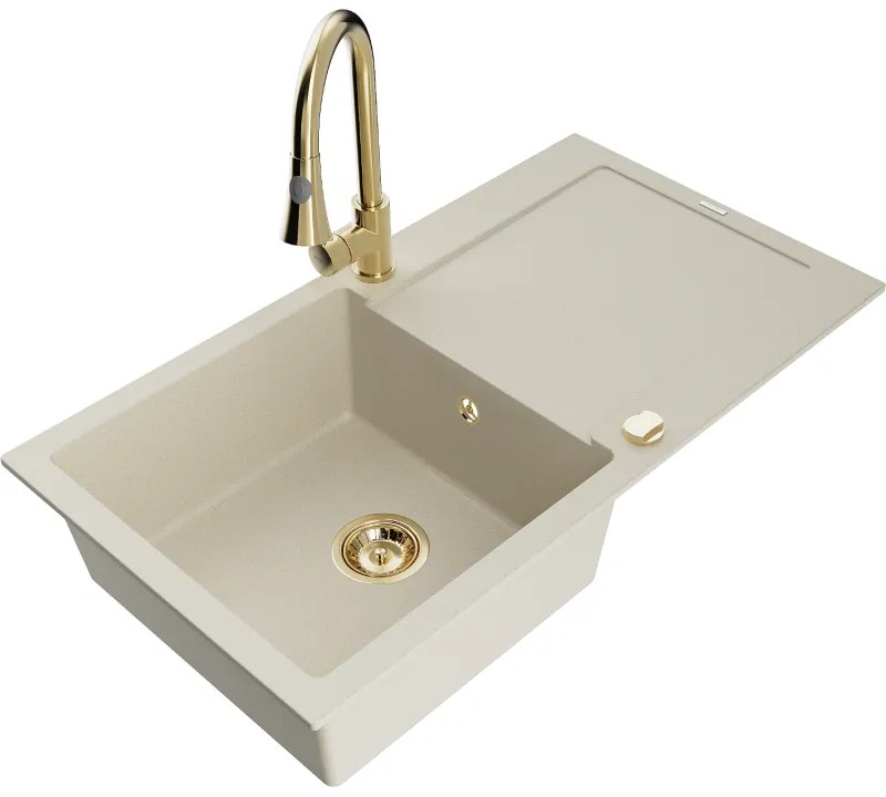 Mexen Leo, 1-komorový granitový drez 900x500x190 mm a drezová batéria Elia, béžová, 6501-69-670101-50