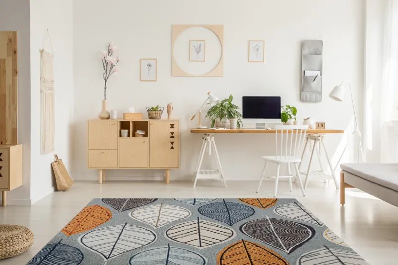 Moderný koberec MUNDO E0641 listy outdoor modro / béžový