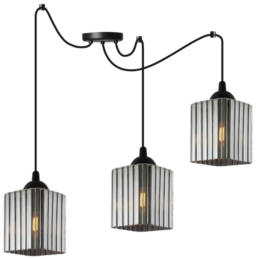 Závesné svietidlo Riffle Square Spider, 3x grafitové sklenené tienidlo, b