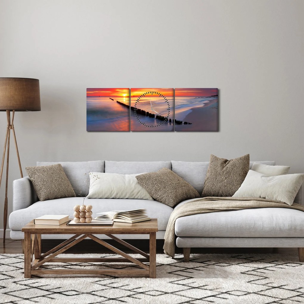 Obraz - Západ slnka, Baltské more, Poľsko (s hodinami) (90x30 cm)
