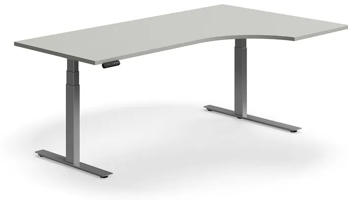 Výškovo nastaviteľný stôl QBUS, rohový, 2000x1200 mm, strieborný rám, svetlošedá
