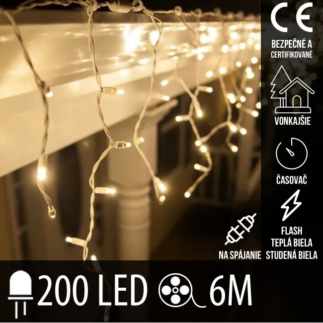 Vianočná led svetelná záclona vonkajšia flash s časovačom - na spájanie - 200led - 6m teplá biela/studená biela