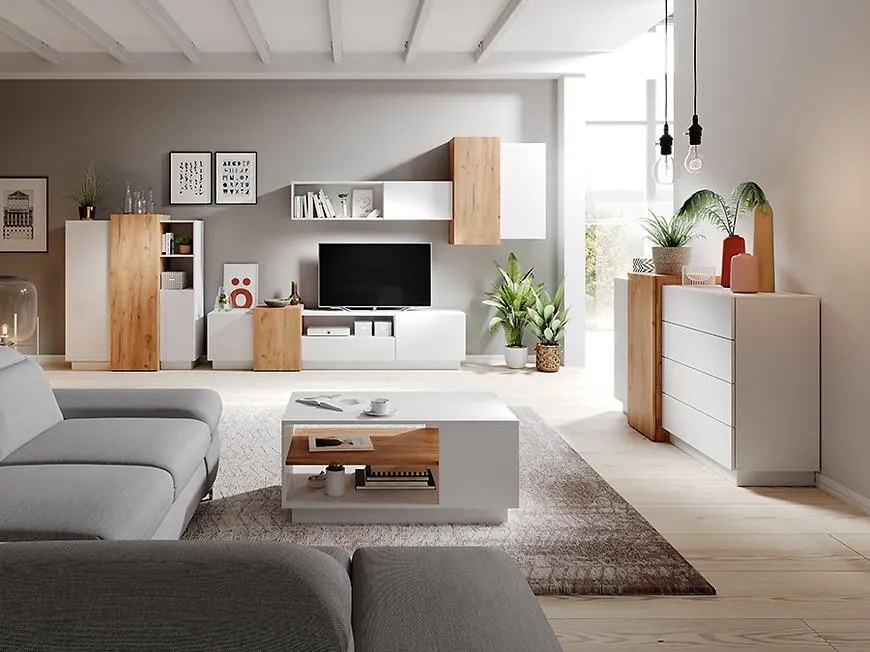 Obývacia stena 3d Biely/Dub zlatý craft