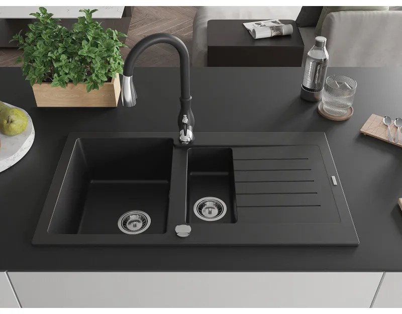 Mexen Matias, 1,5-komorový granitový drez 900x505x200 mm a drezová batéria Savita, čierna, 6502-77-672601-70