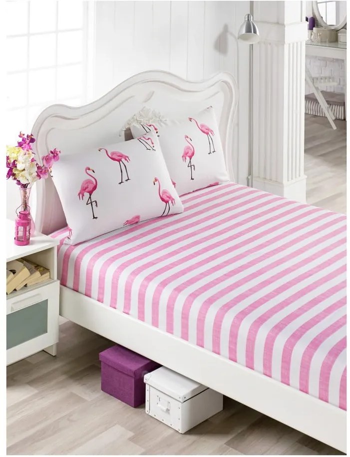 Súprava bavlnenej ružovej plachty a 1 obliečky na vankúš na jednolôžko Flamingos, 100 × 200 cm