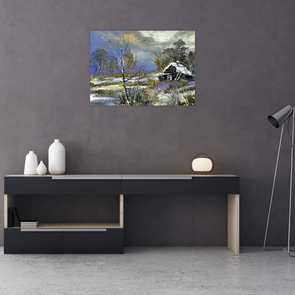 Sklenený obraz chalúpky v zimnej krajine, olejomaľba (70x50 cm)