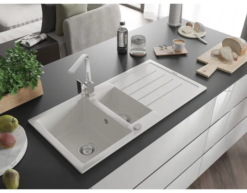 Mexen Andres, granitový drez 1000x500x200 mm, 1,5-komorový, biela s chrómovým sifónom a chrómová drezová batéria Rita, 6515-20-670300-00