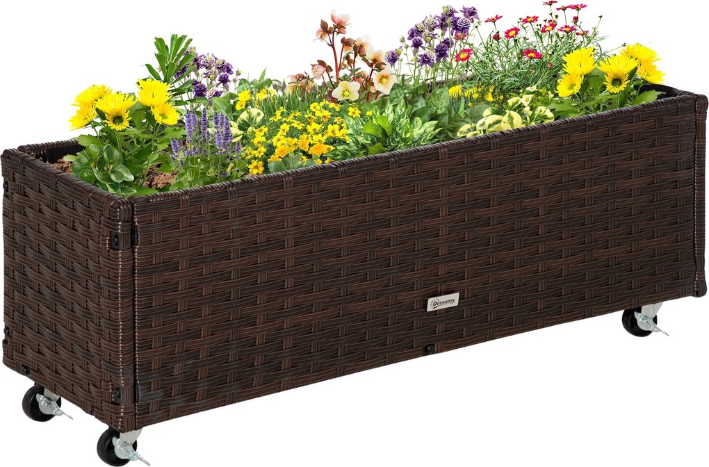 Outsunny Vyvýšený Záhon Poly Rattan s Kolesami Kvetináč s Odkvapkávacími Otvormi Káva-hnedá 94,5 x 31 x 36 cm | Aosom