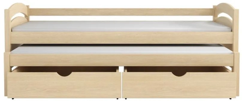 Detská posteľ z masívu borovice MONI s prístelkou a šuplíky - 200x90 cm - PRÍRODNÁ BOROVICA