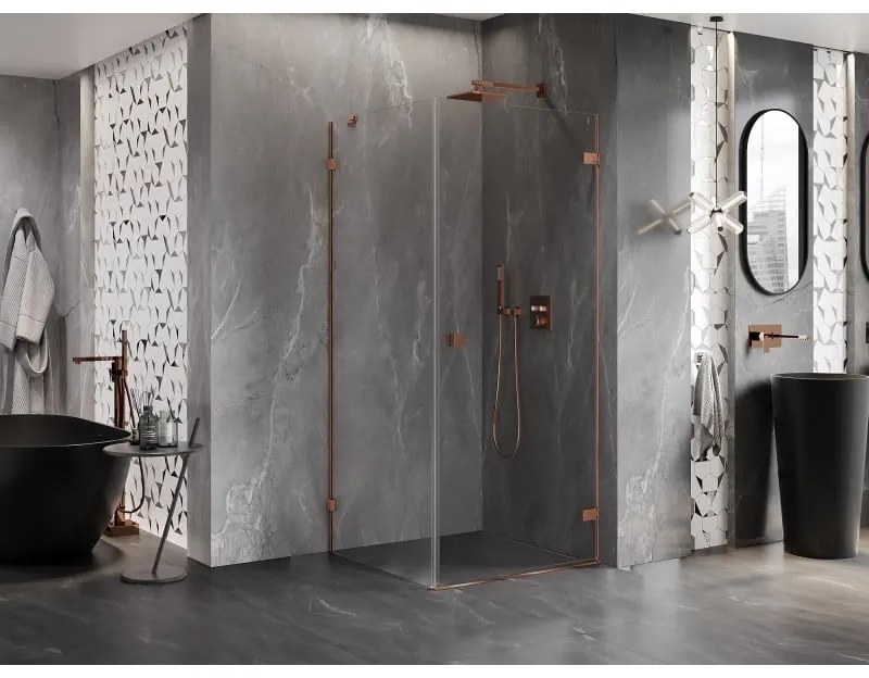 Mexen Lunar-B, pravostranný výklopný sprchový kút 90 x 90 cm, 8mm číre sklo, profil ružové zlato, 832-090-090-60-00-P