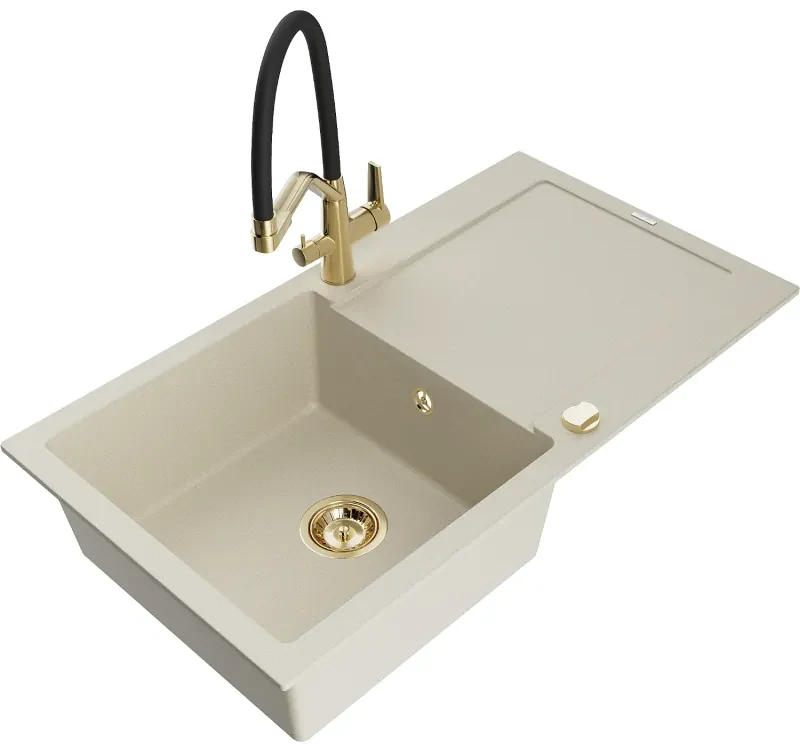 Mexen Leo, 1-komorový granitový drez 900x500x190 mm a drezová batéria Duo, béžová, 6501-69-671701-57-G