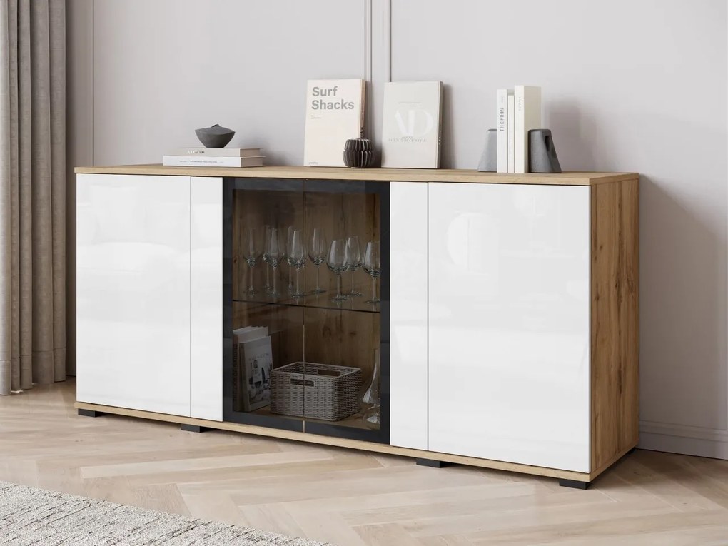 Komoda s dvierkami Hedvis SB 154 4D, Farby: čierna, Osvetlenie: osvetlenie LED biele