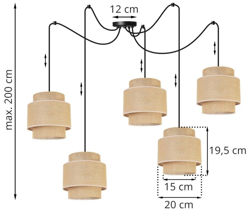Závesné svietidlo BOHO SPIDER, 5x jutové tienidlo, (výber z 2 farieb konštrukcie)
