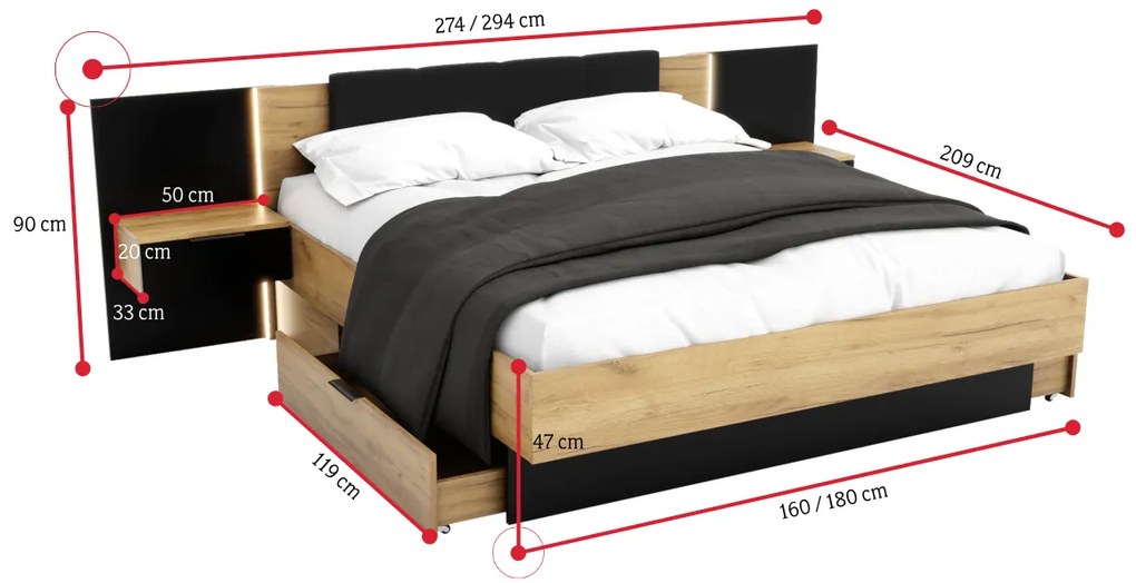 Manželská posteľ DOTA + rošt + matrac MORAVIA + doska s nočnými stolíkmi, 160x200, dub artisan/čierna