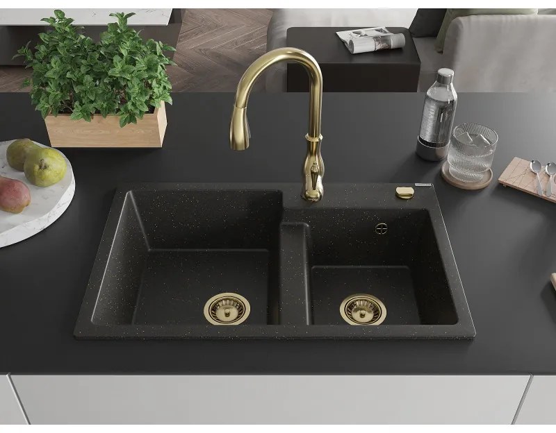 Mexen Tomas, granitový drez 800x500x190 mm, 2-komorový a drezová batéria Savita, čierna-zlatá metalíza, 6516-75-672601-50