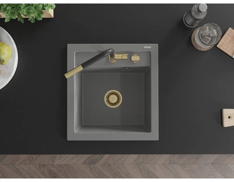 Mexen Vito, 1-komorový granitový drez 490x520x210 mm a drezová batéria Flora, šedá, 6503-71-670401-57-G