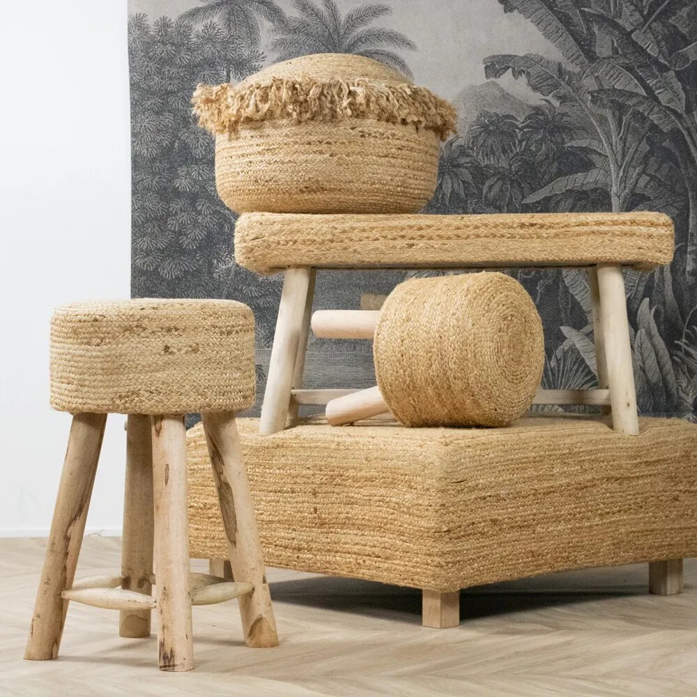 Jutový pletený puf na sedenie so strapcami - Ø 50*35cm