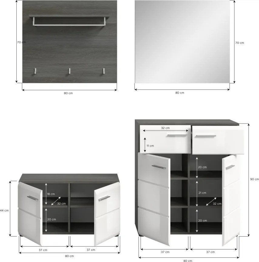 Predsieňová zostava Salsa (4-dielna), sivý dub/biela lesk