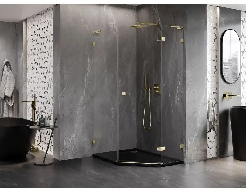 Mexen Lunar, L pravý výklopný päťuholníkový sprchový kút 90 x 100 cm, 8mm číre sklo, zlatý profil, 831L-090P-100L-50-00-P