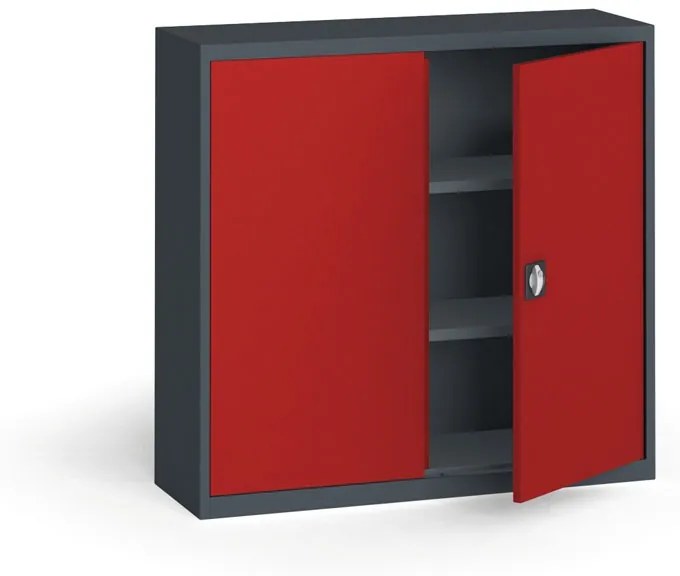 Plechová policová skriňa na náradie KOVONA, 1150 x 1200 x 400 mm, 2 police, antracit/červená