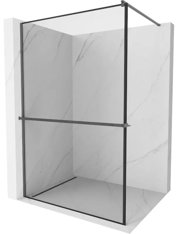 Mexen Kioto+, sprchová zástena Walk-In s poličkou a vešiakom 130 x 200 cm, 8mm číre sklo čierny vzor, grafitový profil, 800-130-121-66-70