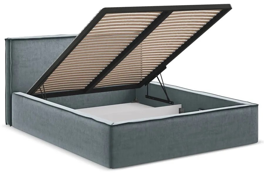 Svetlomodrá čalúnená dvojlôžková posteľ s úložným priestorom s roštom 180x200 cm Anani – Makamii