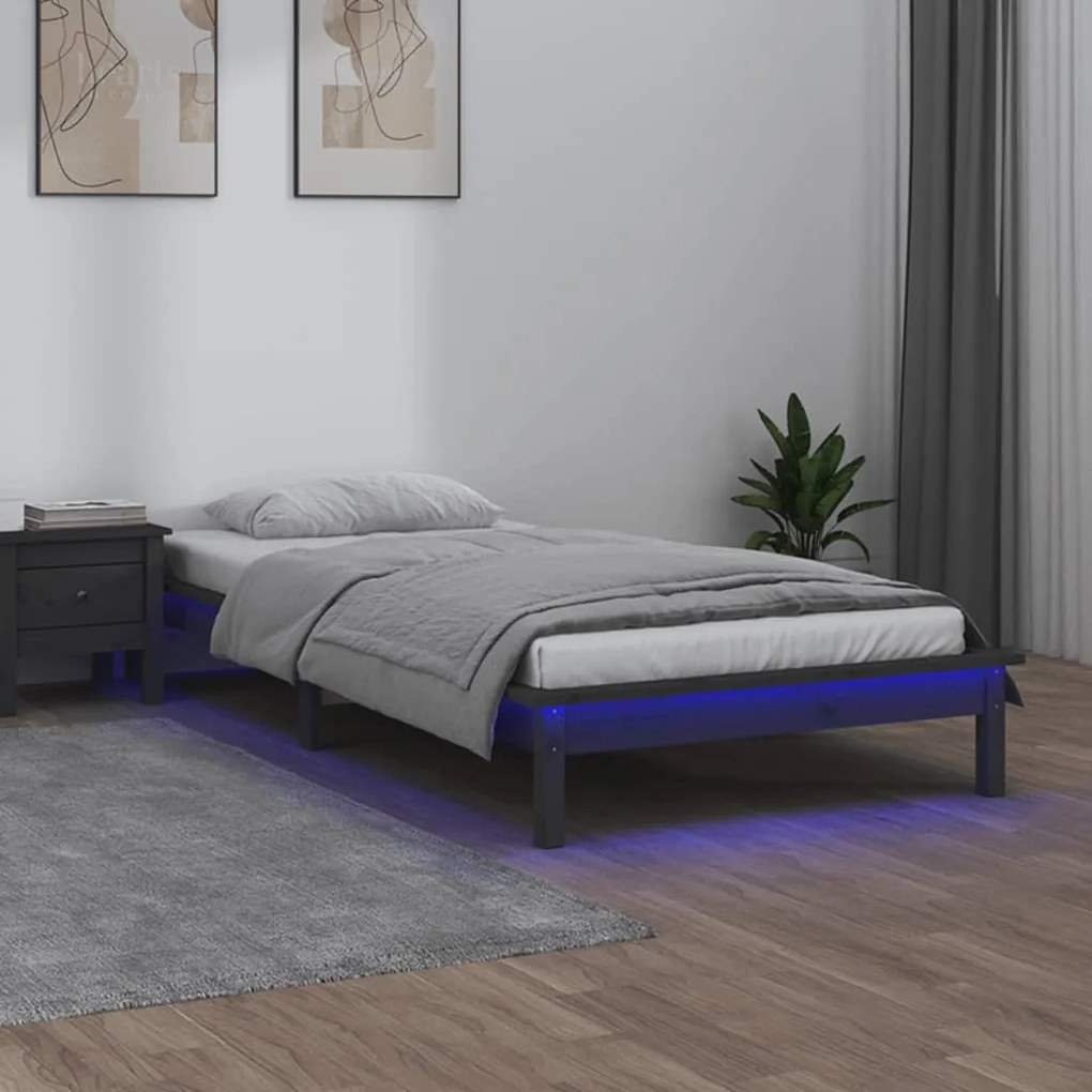 Posteľný rám s LED sivý 75x190 cm malé jednolôžko masívne drevo