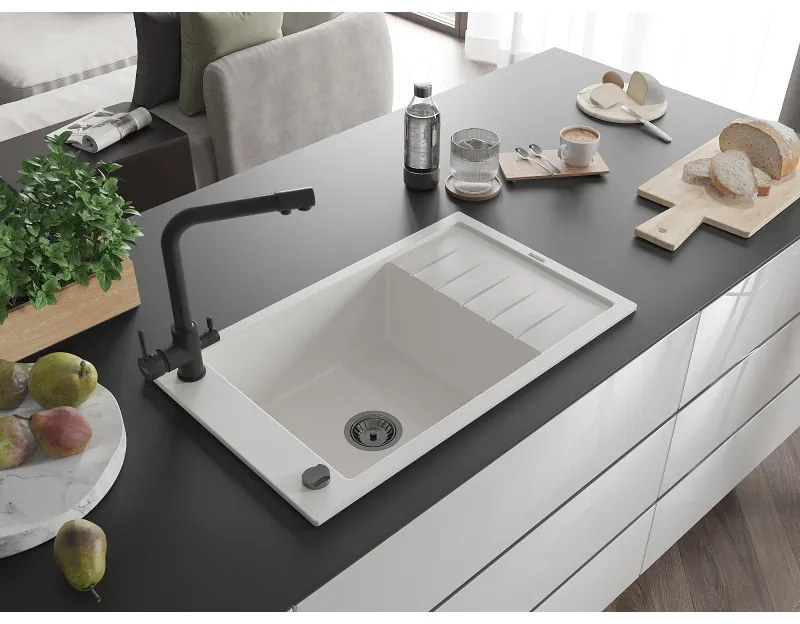 Mexen Elias, 1-komorový granitový drez s odkvapkávačom 795x480x200 mm a čierna batéria Duero, biela, 6511-20-671600-70