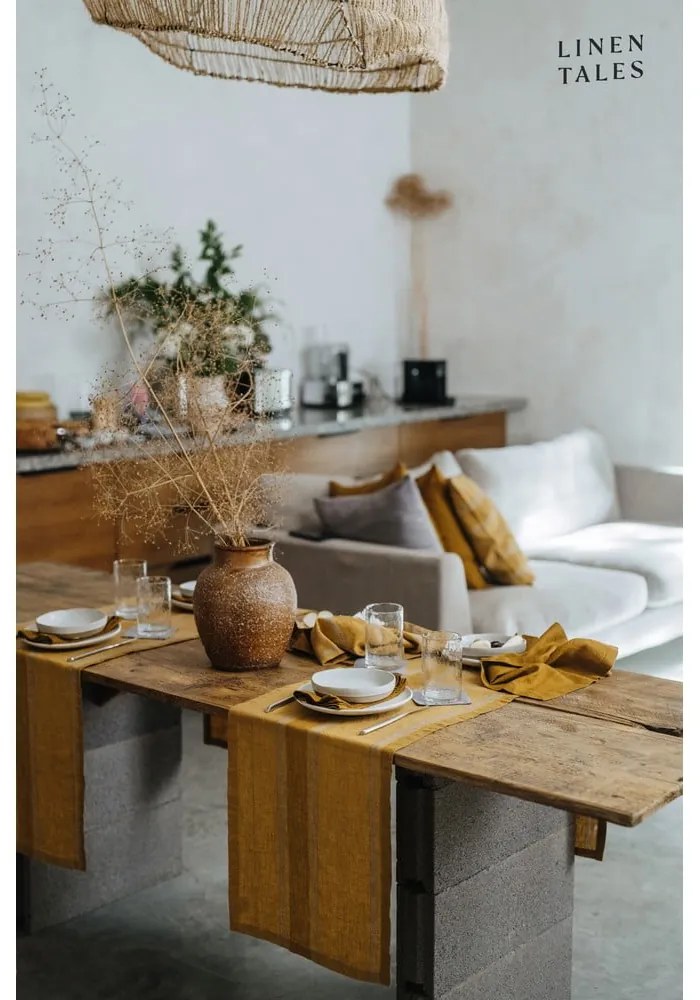 Ľanový behúň na stôl 200x200 cm Amber Bronze Stripes – Linen Tales