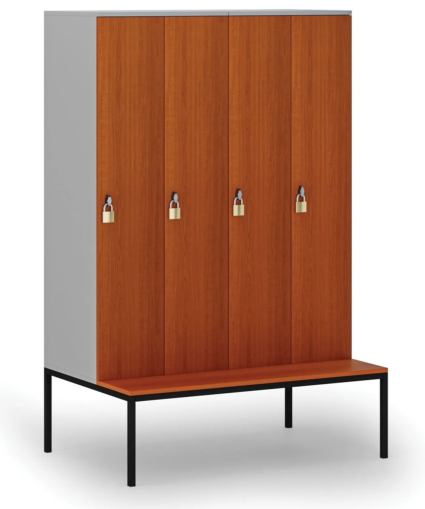 Drevená šatníková skrinka S4 s lavičkou, 4 oddiely, 1871 x 1200 x 500/800 mm, demont, otočný zámok, sivá/čerešňa