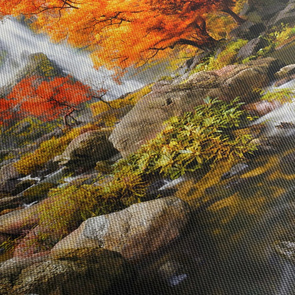 Obraz - Vodopády v jesennej krajine, oranžový (120x50 cm)