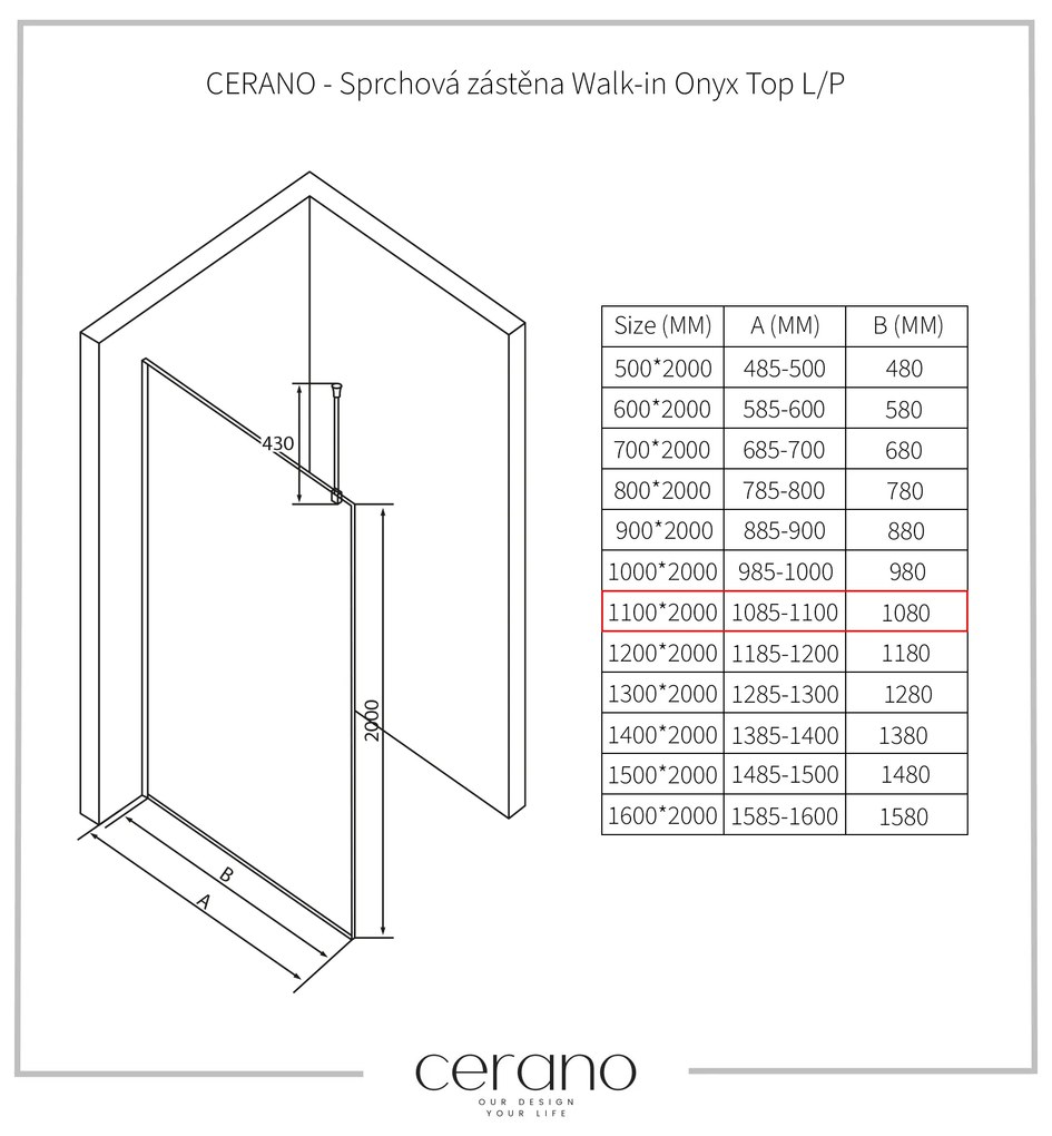 CERANO - Sprchová zástena Walk-in Onyx Top L/P - guľatá vzpera - chróm, transparentné sklo - 110x200 cm, CER-CER-8050BD1698