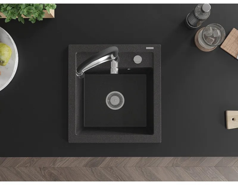 Mexen Vito, 1-komorový granitový drez 490x520x210 mm a drezová batéria Aster, čierna škvrnitá, 6503-76-73450-07