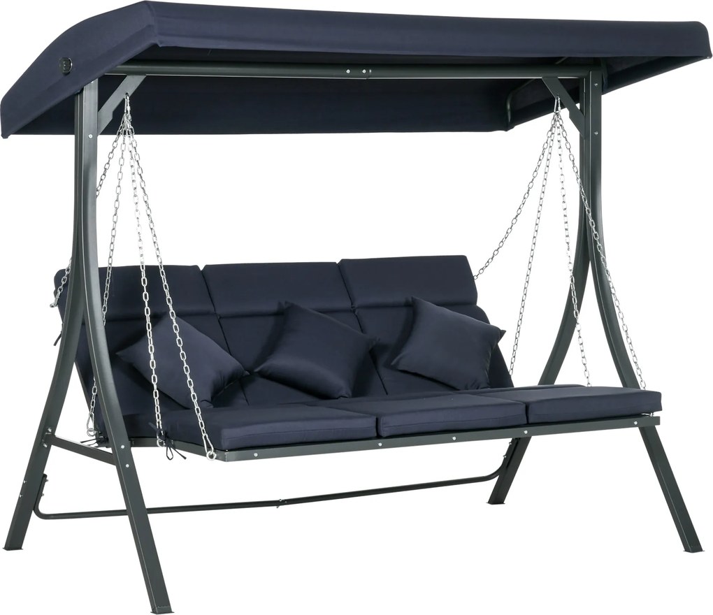 Outsunny 3-miestny Hollywoodský hojdačka, hojdačka so nastaviteľnou slnečnou clonou, záhradná hojdačka s vankúšmi, nosnosť do 270 kg, kov, textil, tma