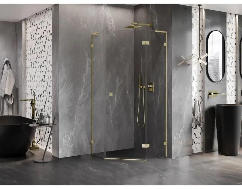 Mexen Lunar, L pravý výklopný päťuholníkový sprchový kút 100x100 cm, 8mm číre sklo, zlatý matný profil, 831L-100P-100L-55-00-P