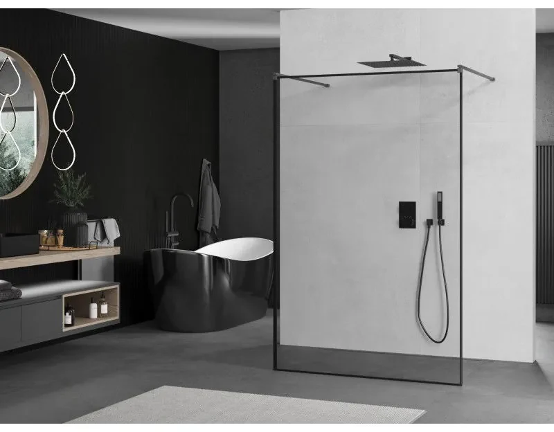 Mexen Kioto, sprchová zástena Walk-In 150 x 200 cm, 8mm sklo čierny vzor, grafitový profil, 800-150-002-66-70