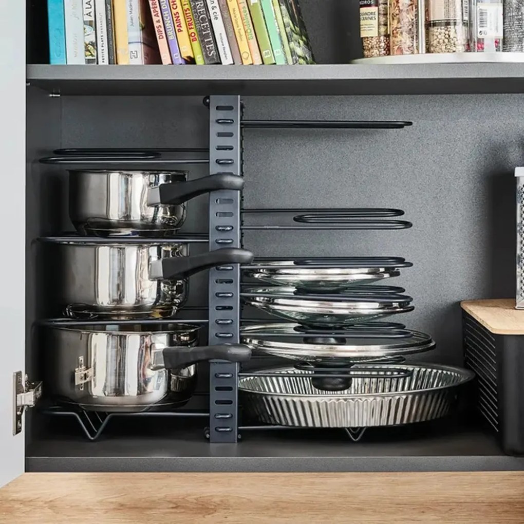 Goodhome Organizér na pokličky a pánve, černý, 11 flexibilních přepážek, nastavitelná šířka 28 -57 cm MERLIN