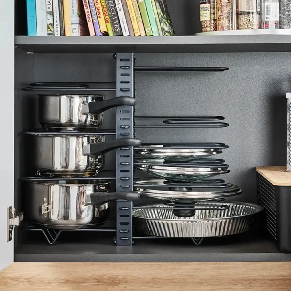 Goodhome Organizér na pokrievky a panvice, čierny, 11 flexibilných priehradiek, nastaviteľná šírka 28 - 57 cm MERLIN