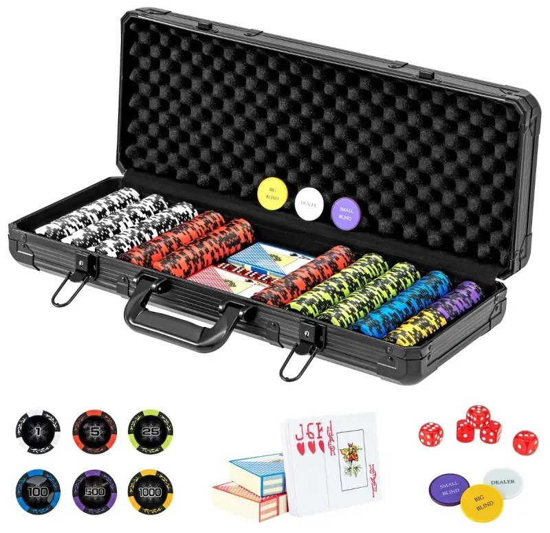 Pokerová súprava s 500 laserovými žetónmi &amp; 2 hracími kartami &amp; 5 hracími kockami &amp; 3 žetónmi dealera &amp; 2 kľúčmi